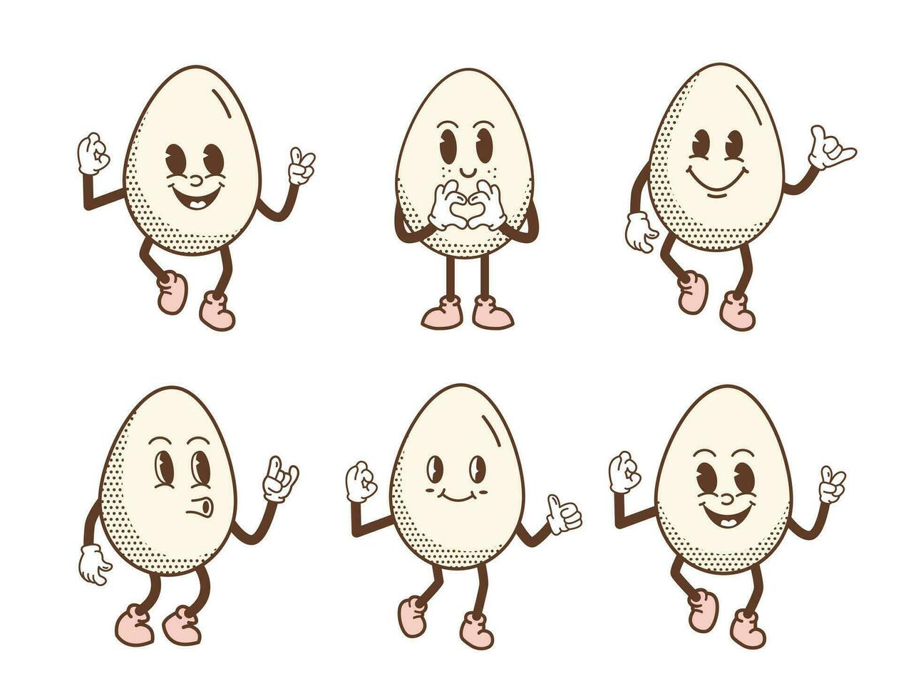 retro tecknad serie leende ägg maskot karaktär gående Hoppar och stående. retro påsk ägg med halvton mönster med annorlunda ansikte känslor. vektor illustration för t-shirt skriva ut eller affisch design.