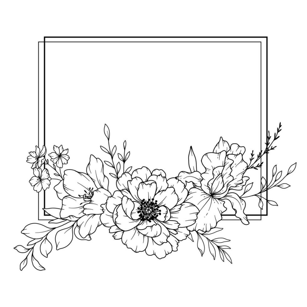 vår blommor linje teckning. svart och vit blommig ramar. blommig linje konst. bra linje blommor illustration. hand dragen översikt blommor. botanisk färg sida. bröllop inbjudan blommor vektor