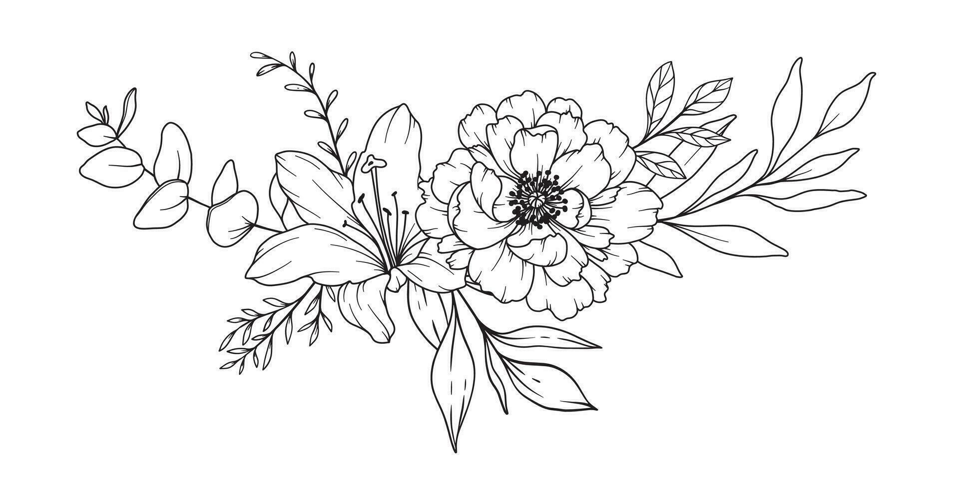 pion linje teckning. svart och vit blommig buketter. blomma färg sida. blommig linje konst. bra linje pion illustration. hand dragen blommor. botanisk färg. bröllop inbjudan blommor vektor