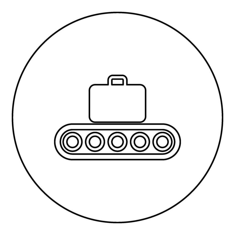 transportband bälte flygplats tejp bagage passagerare bagage resväska produktion linje automatiserad tillverkning ikon i cirkel runda svart Färg vektor illustration bild översikt kontur linje tunn stil