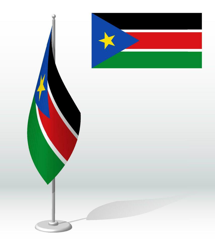 Süd Sudan Flagge auf Fahnenstange zum Anmeldung von feierlich Fall, Treffen fremd Gäste. National Unabhängigkeit Tag von Süd Sudan. realistisch 3d Vektor auf Weiß