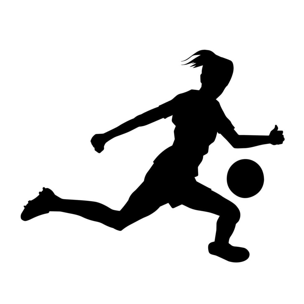 Silhouette von ein weiblich Fußball Spieler treten ein Ball. Silhouette von ein Fußball Spieler Frau im Aktion Pose. vektor