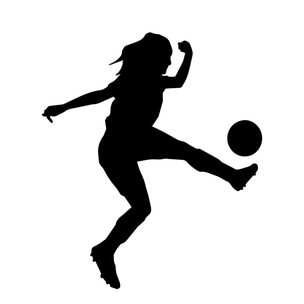 silhuett av en kvinna fotboll spelare sparkar en boll. silhuett av en fotboll spelare kvinna i verkan utgör. vektor