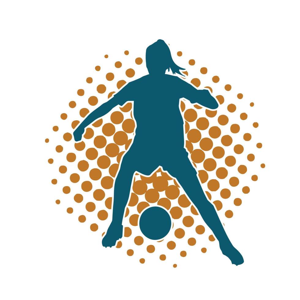 Silhouette von ein weiblich Fußball Spieler treten ein Ball. Silhouette von ein Fußball Spieler Frau im Aktion Pose. vektor