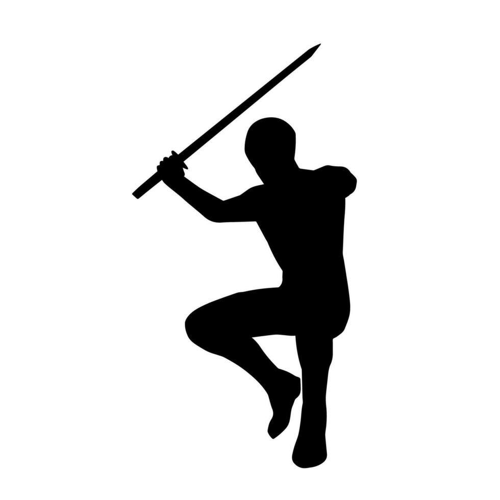 silhuett av en manlig krigare i verkan utgör med svärd vapen. silhuett av en man kämpe bärande svärd vapen. vektor