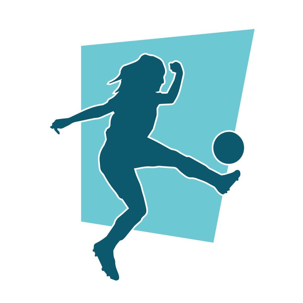 Silhouette von ein weiblich Fußball Spieler treten ein Ball. Silhouette von ein Fußball Spieler Frau im Aktion Pose. vektor