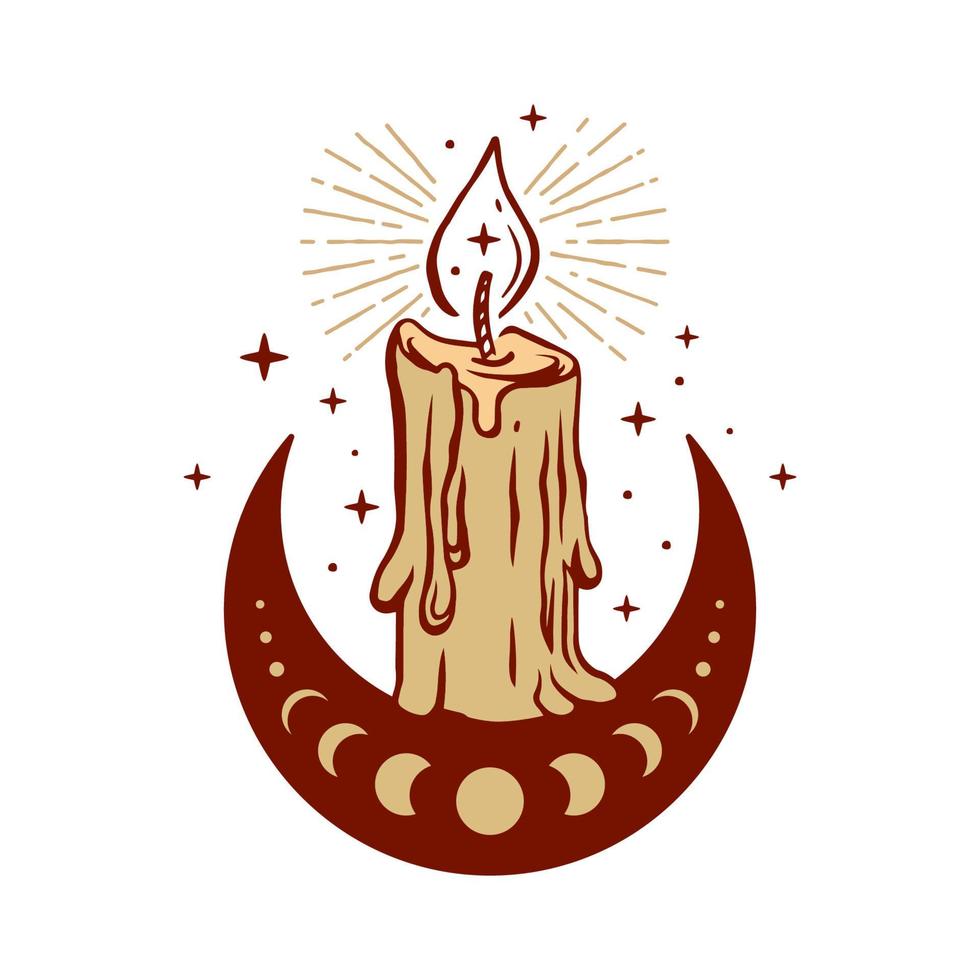 schmelzende Kerze auf halbmondförmiger Illustration für esoterisches Thema. mystisches Boho-Designsymbol. vektor