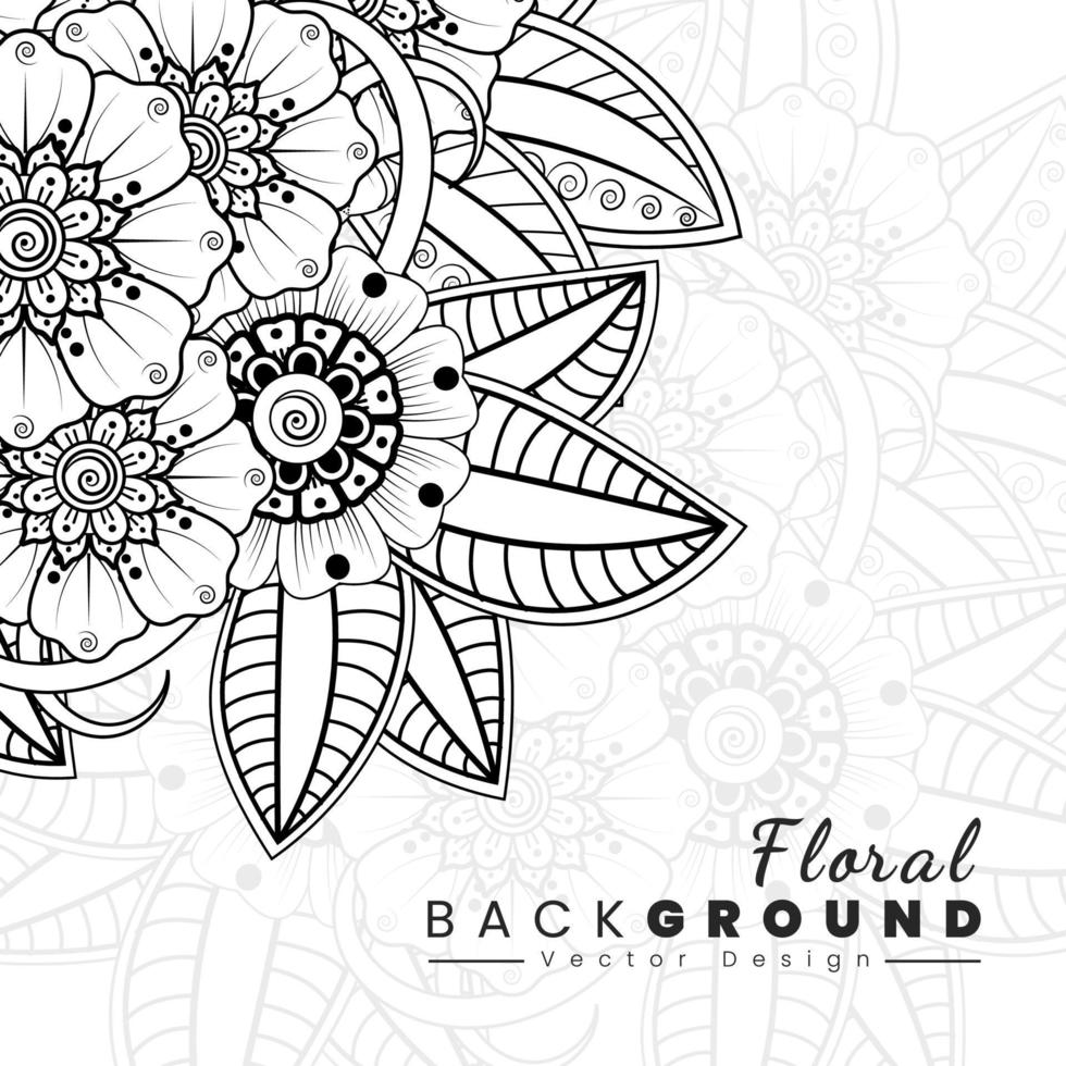 bakgrund med mehndi blommor. svarta linjer på vit bakgrund. banner eller kortmall vektor