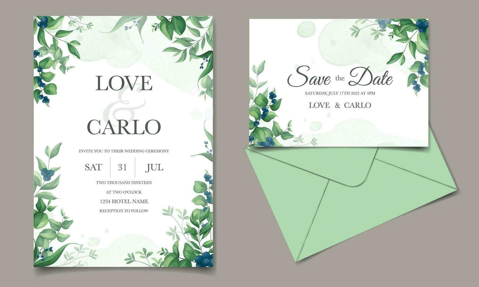 elegant Hochzeit Einladung Karte mit Grün Blätter und Blaubeeren vektor