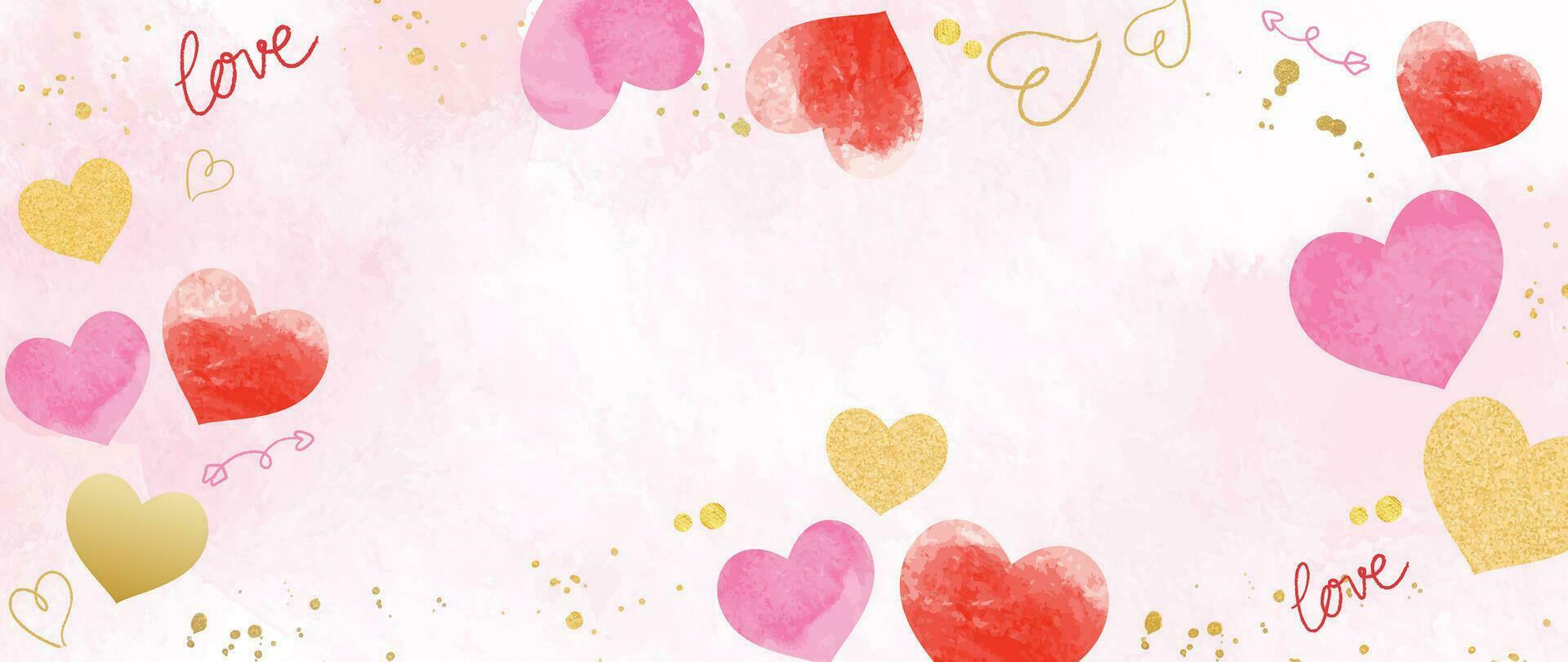 glücklich Valentinsgrüße Tag Rosa Hintergrund Vektor. romantisch Symbol Zeichnung von Rosa Aquarell Gekritzel Herzen, Gold Textur. Liebe Illustration zum Gruß Karte, Netz Banner, Stoff, Paket, Abdeckung. vektor