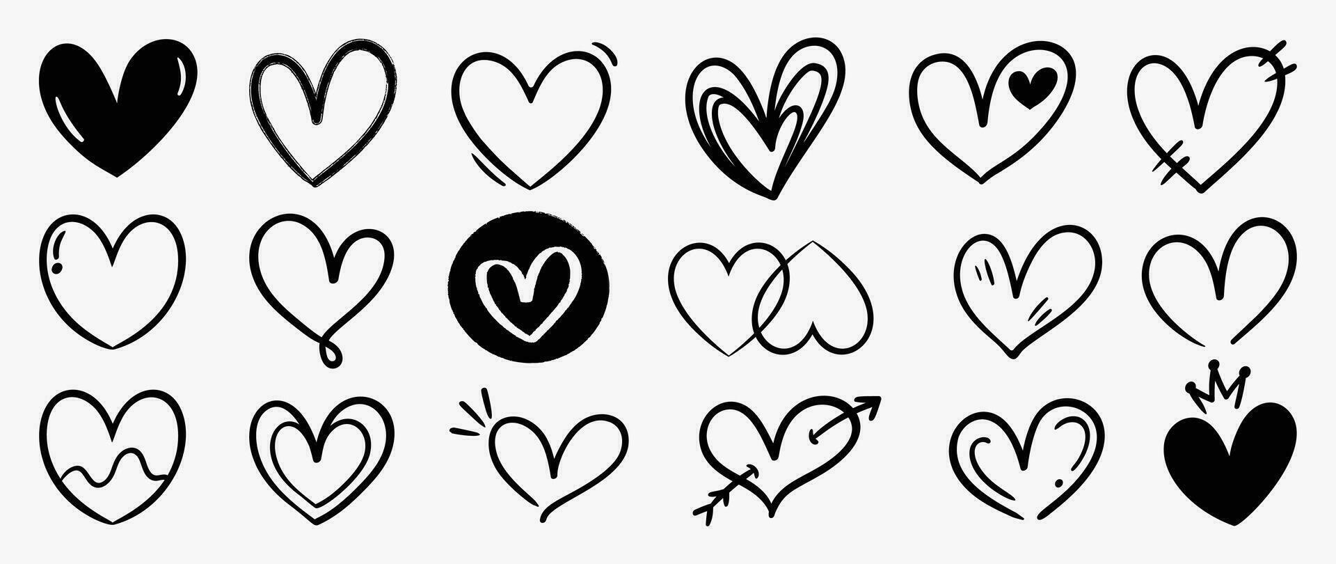 einstellen von Herz Gekritzel Element Vektor. Hand gezeichnet Gekritzel Stil Sammlung von anders Herz, Liebe Symbol. Illustration Design zum drucken, Karikatur, Karte, Dekoration, Aufkleber, Symbol, Valentinstag Tag. vektor