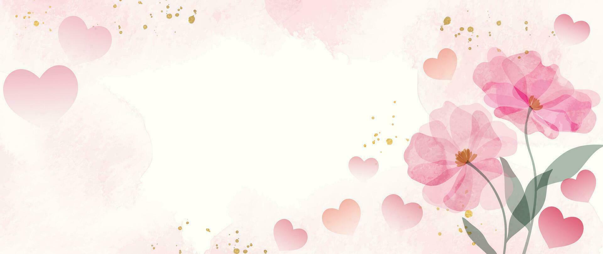 glücklich Valentinstag Tag Aquarell Vektor Hintergrund. Luxus Blume Hintergrund Design mit wild Blume, Linie Kunst , Herz. elegant Gold botanisch Illustration geeignet zum Gruß Karte, drucken, Abdeckung.