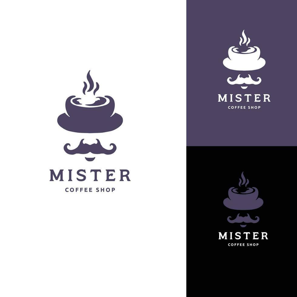 logotyp för en kaffe affär kallad mister kaffe affär kaffe kopp med en mustasch mellan de två rader av text minimalistisk, linje konst vektor