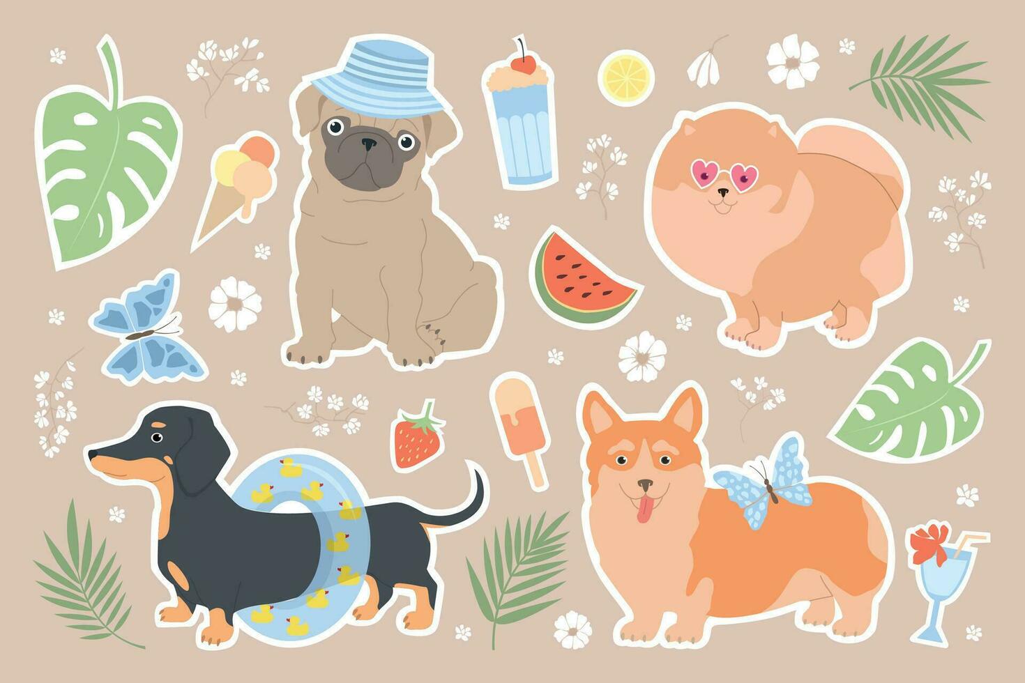 stor uppsättning av klistermärken med hundar. sommar rolig vektor illustration för ungar. tax, pomeranian, mops och corgi på sommar semester. handflatan löv, is grädde, vattenmelon, cocktails, fjärilar, monstera.