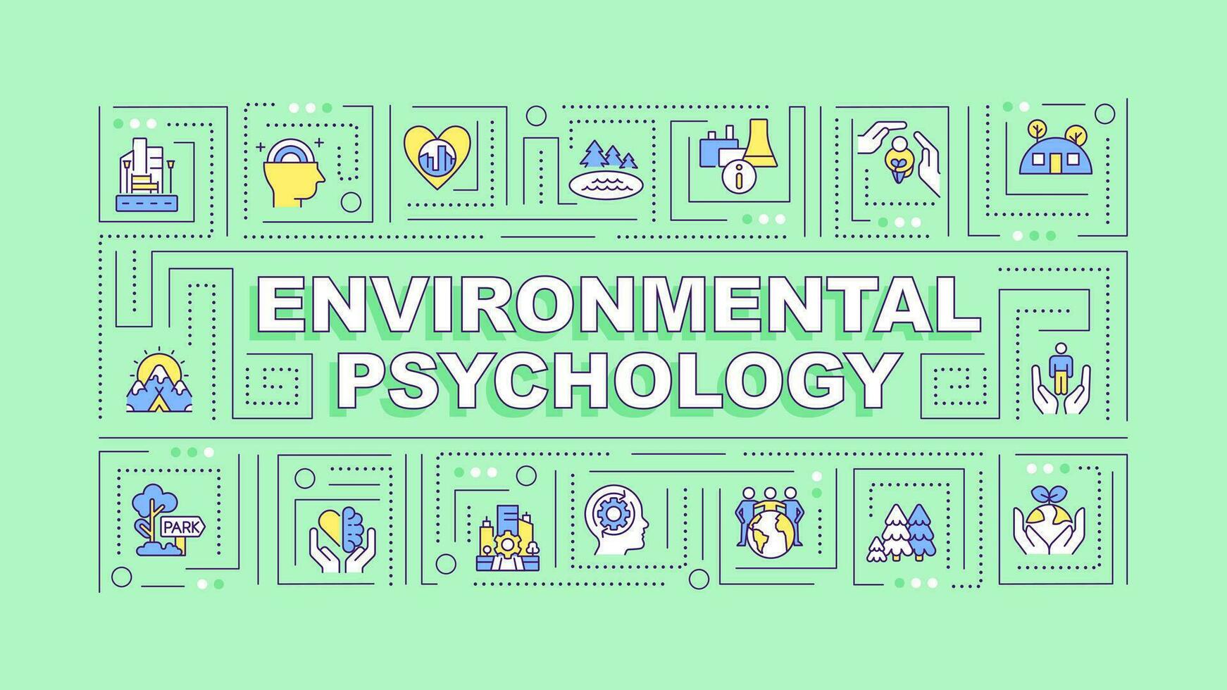 Umwelt Psychologie Text mit verschiedene dünn Linie Symbole Konzept auf Grün monochromatisch Hintergrund, editierbar 2d Vektor Illustration.
