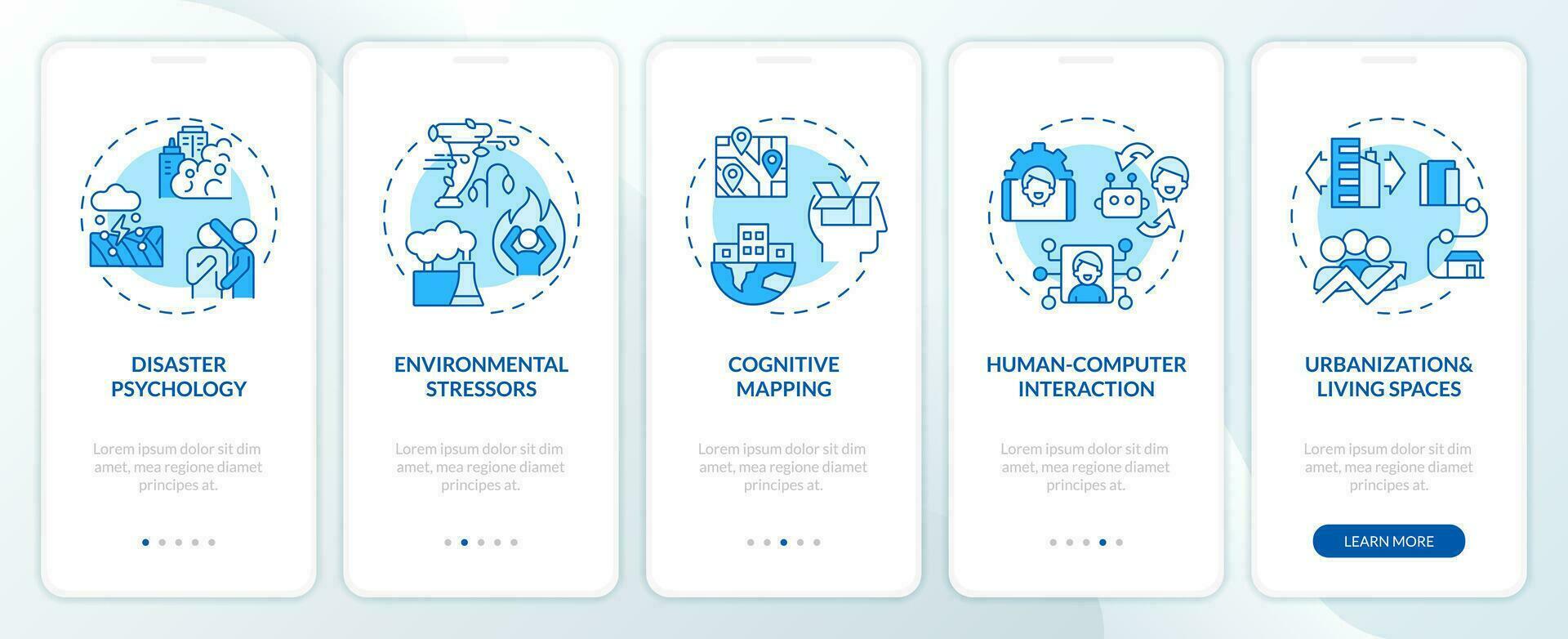 2d Symbole Darstellen Umwelt Psychologie Bereiche von Studie Handy, Mobiltelefon App Bildschirm Satz. Komplettlösung 5 Schritte Blau Grafik Anleitung mit dünn Linie Symbole Konzept, ui, ux, gui Vorlage. vektor