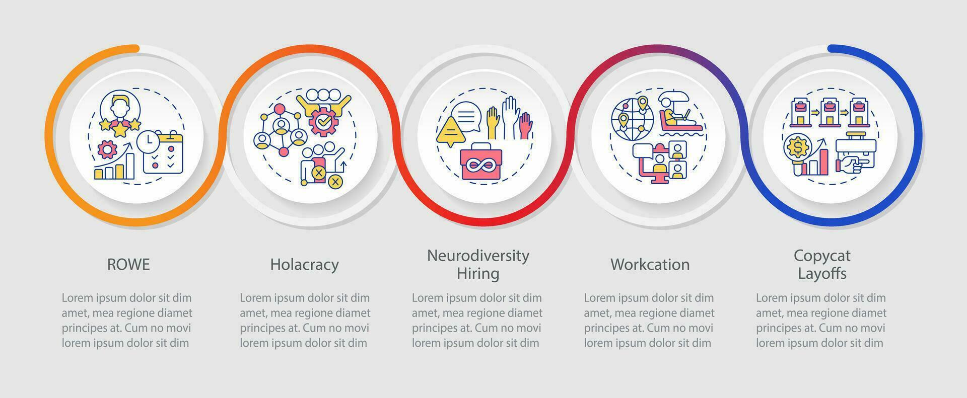 2d Arbeitsplatz Trends Vektor Infografiken Vorlage mit bunt linear Symbole Konzept, Daten Visualisierung mit 5 Schritte, Prozess Zeitleiste Diagramm.