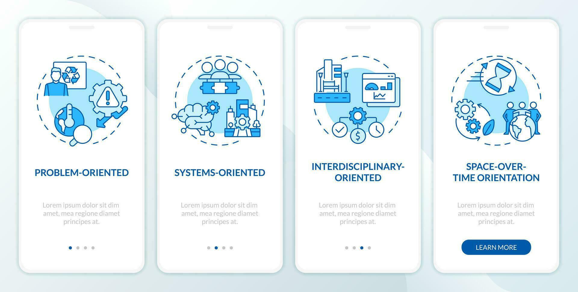 2d ikoner representerar miljö- psykologi orienteringar mobil app skärm uppsättning. genomgång 4 steg blå grafisk instruktioner med linjär ikoner begrepp, ui, ux, gui mall. vektor