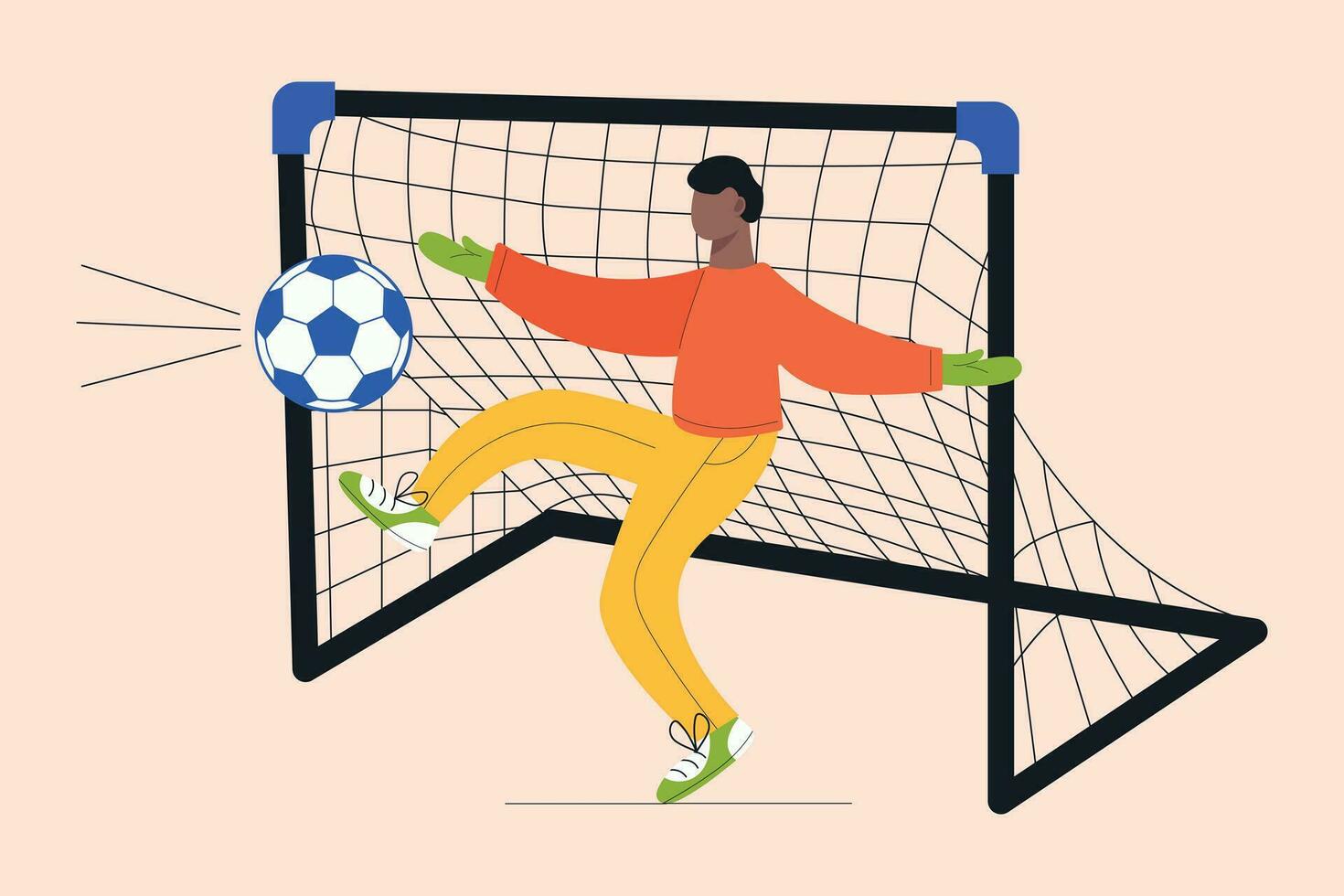 Illustration von ein Mann treten ein Fußball Ball. Vektor eben einfach Illustration von ein Fußball Spieler im modern Stil.