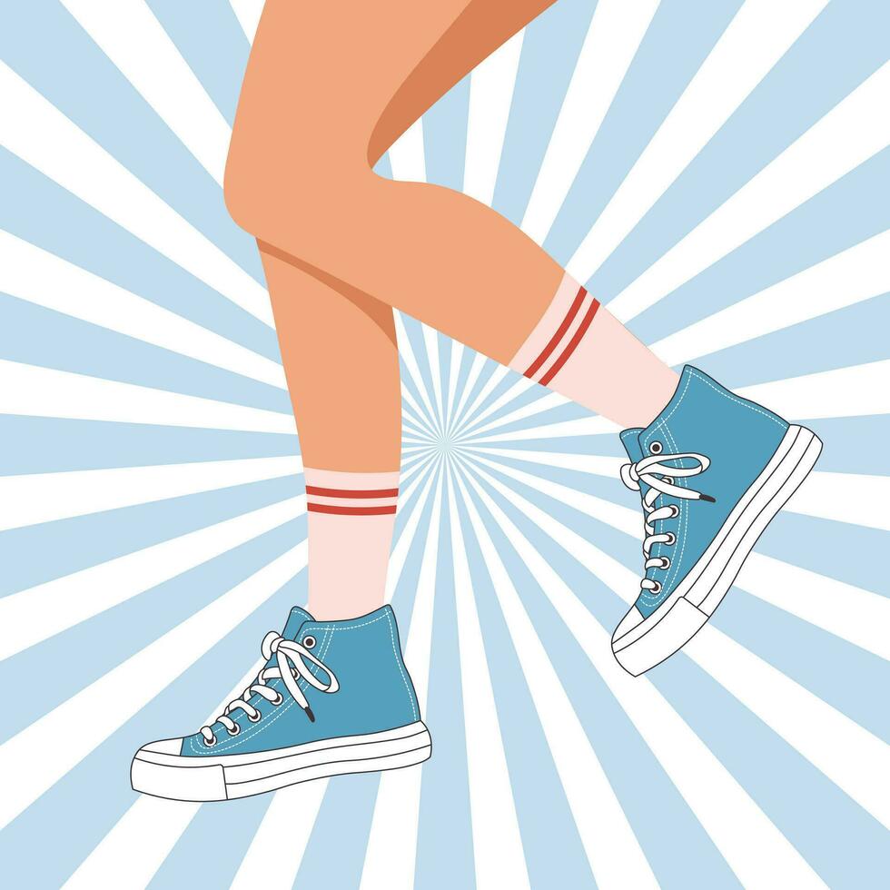 Beine von ein Mädchen im Sport Turnschuhe. Frau im retro Sport Schuhe. retro Illustration im eben Stil. Vektor