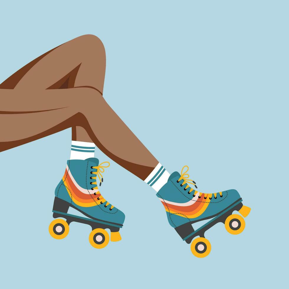 Beine von ein Mädchen im retro Walze Rollschuhe und Socken. Frau auf Walze Rollschuhe. retro Illustration im eben Stil. Vektor