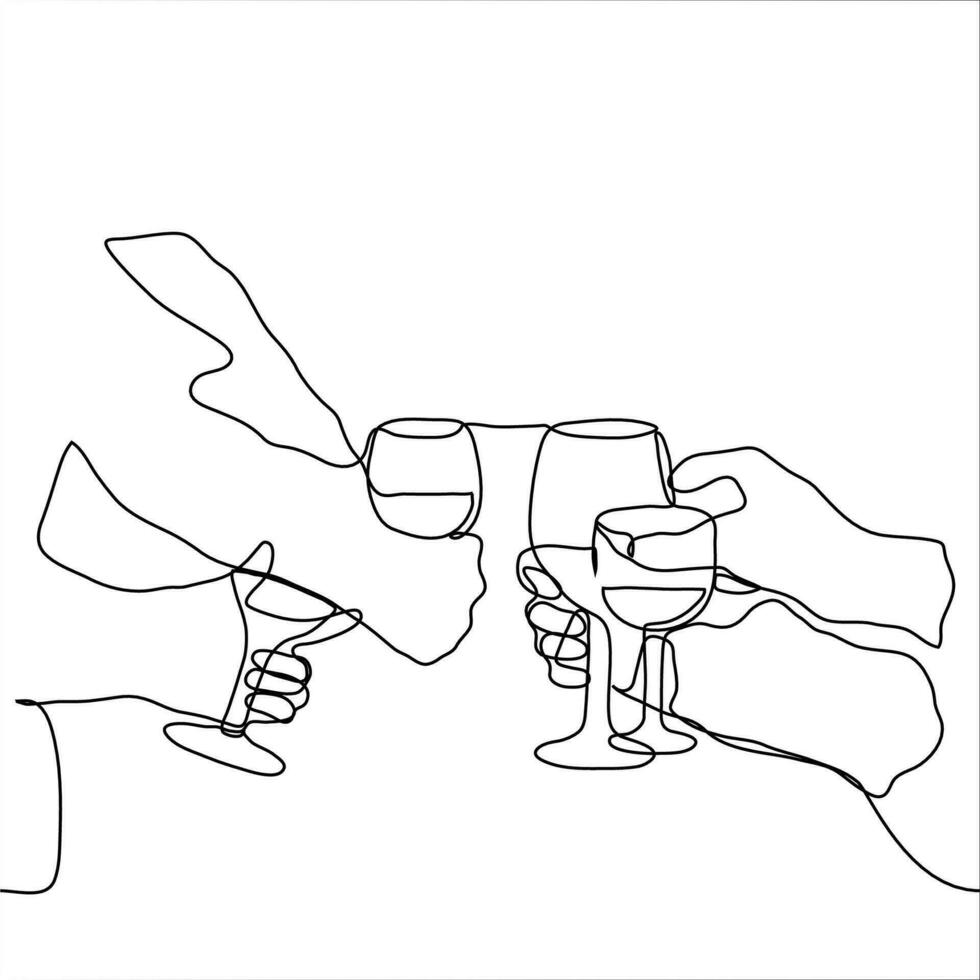 händer av fyra människor vem klirra glasögon. ett linje teckning begrepp firande, rostat bröd, klirr glasögon, dricka alkohol vektor