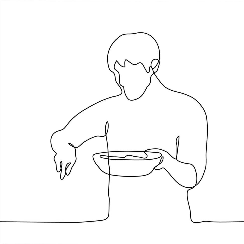 Mann Gewürze oder dekoriert ein Gericht. ein Mann Sträusel ein Würze oder Bulk Produkt von ein groß Teller er hält im seine links Hand vektor