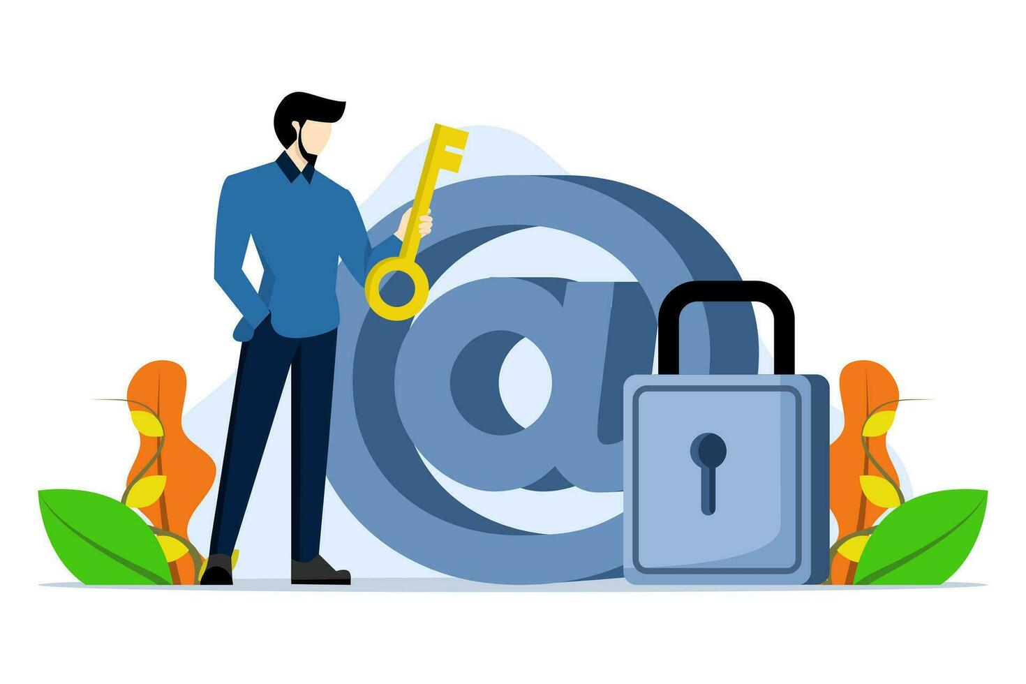 Daten Verschlüsselung Technologie Konzept, Geschäftsmann Stehen mit stark Vorhängeschloss Sicherheit auf Email Symbol. Sicherheit System zu verteidigen gegen Cyber Anschläge, Spam oder Daten Lecks, Email Sicherheit Schutz. vektor