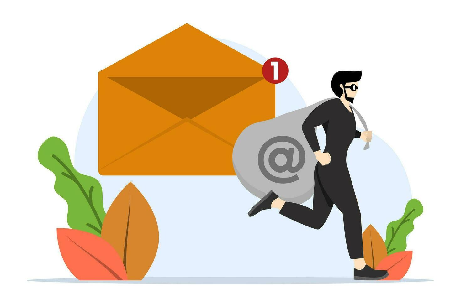 Dieb halten rot Tasche voll von Daten von Neu Email ohne Email, Daten Privatsphäre Dieb, Cyber Hacker oder Email Anbieter zeigen Anzeigen basierend auf Innerhalb Information Konzept, Geheimnis Privat Email. vektor