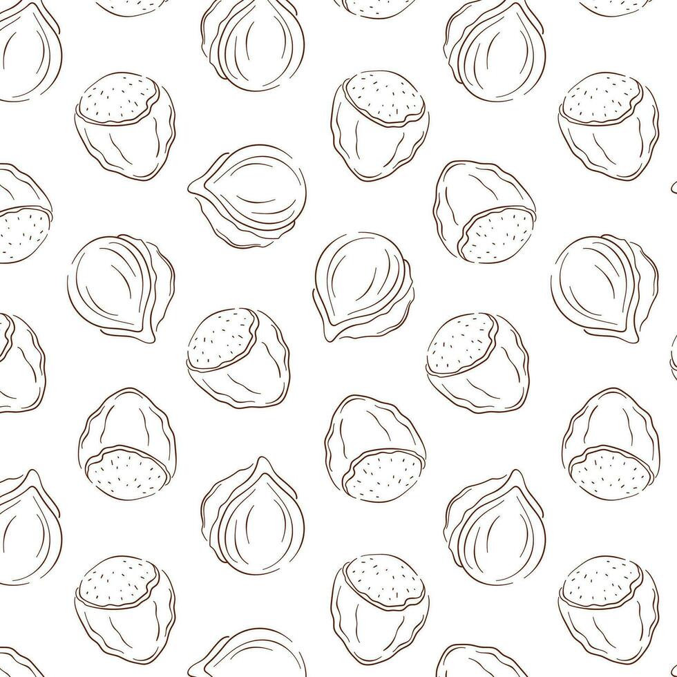 hasselnötter sömlös mönster i linje konst stil. nötter textur för matvaror affär, meny, paket. vektor illustration isolerat på en vit bakgrund.