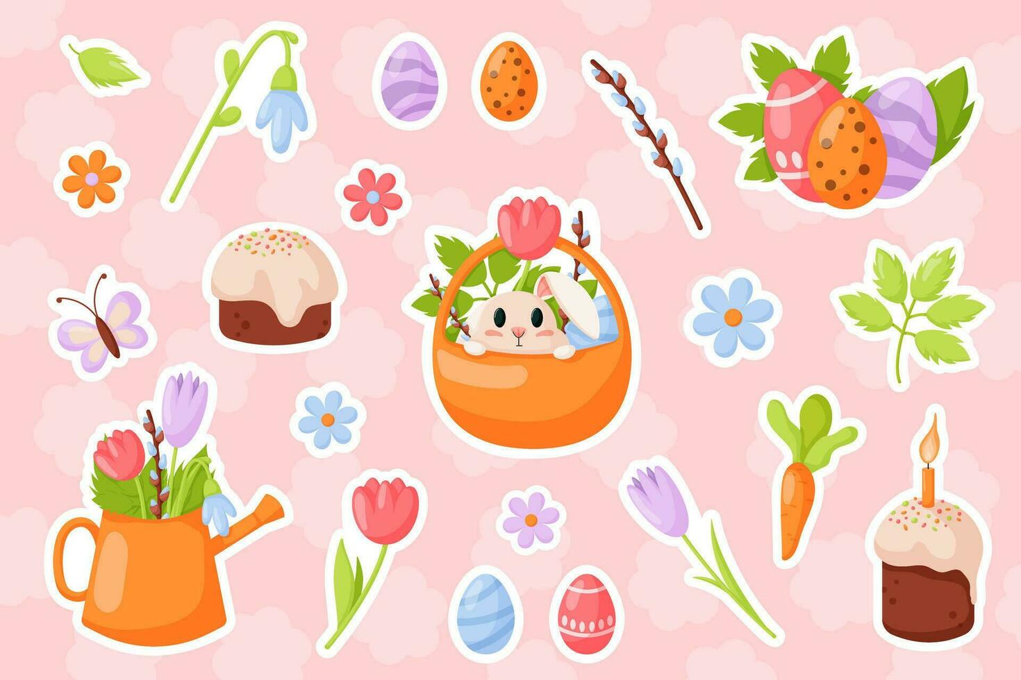 Lycklig påsk samling klistermärke i tecknad serie platt stil. krokus, tulpan, påsk paj, ljus, blommor, kanin, korg, morot och fjäril. vektor illustration isolerat på en rosa bakgrund.
