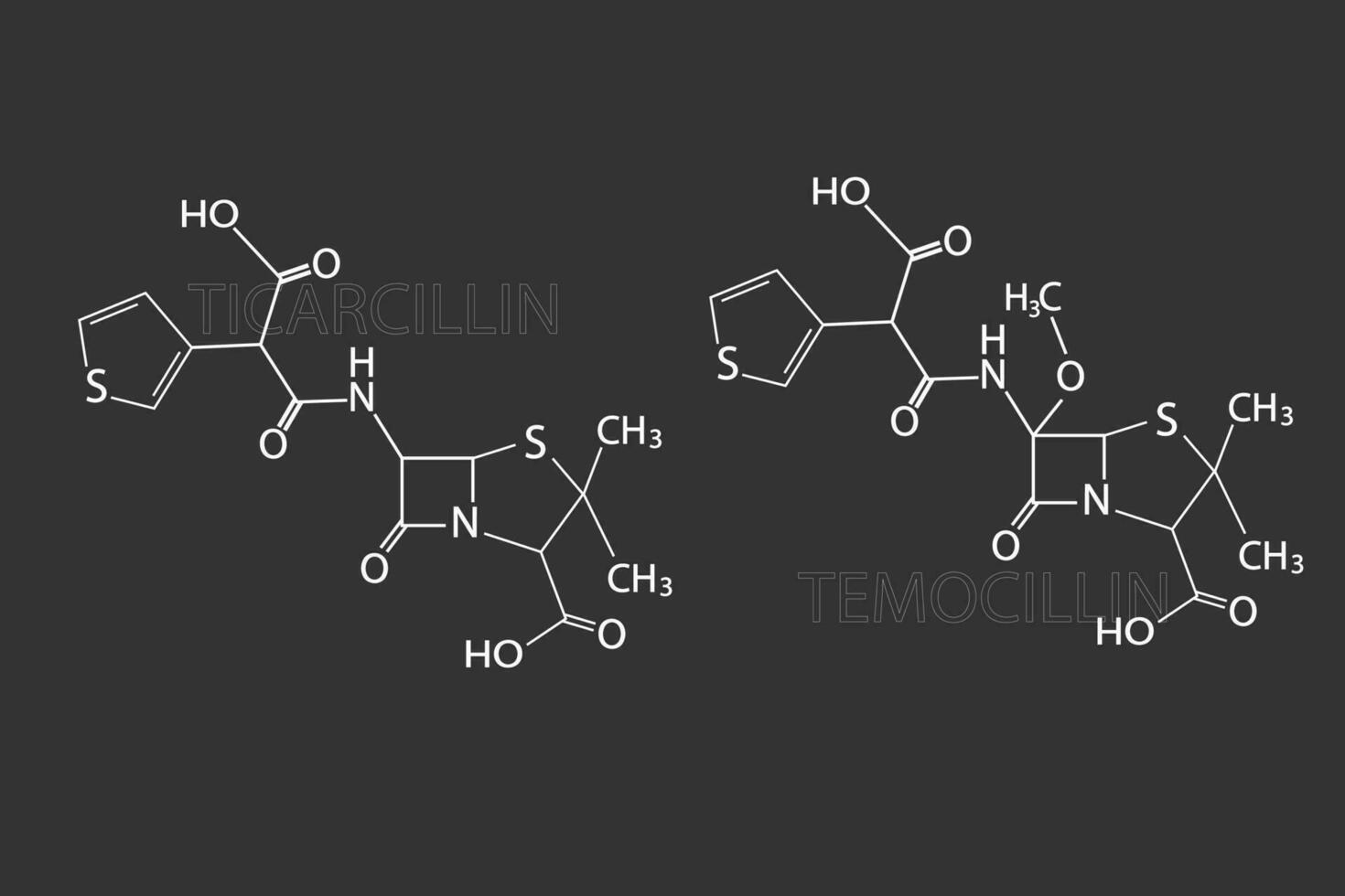 Ticarcillin oder Temocillin molekular Skelett- chemisch Formel vektor