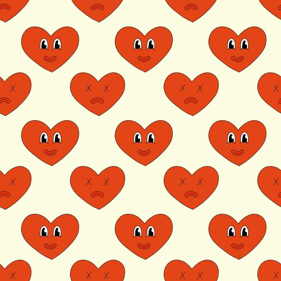 sömlös mönster med hjärta röd karaktär leende och ledsen för valentine dag. maskot i häftig och y2k stil. vektor tecknad serie illustration.