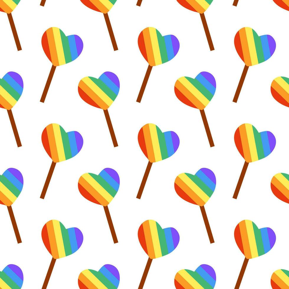sömlös mönster med söt HBTQ klubba regnbåge på pinne. godis i form hjärta. hbtq. symbol av de HBTQ stolthet gemenskap. platt vektor illustration.