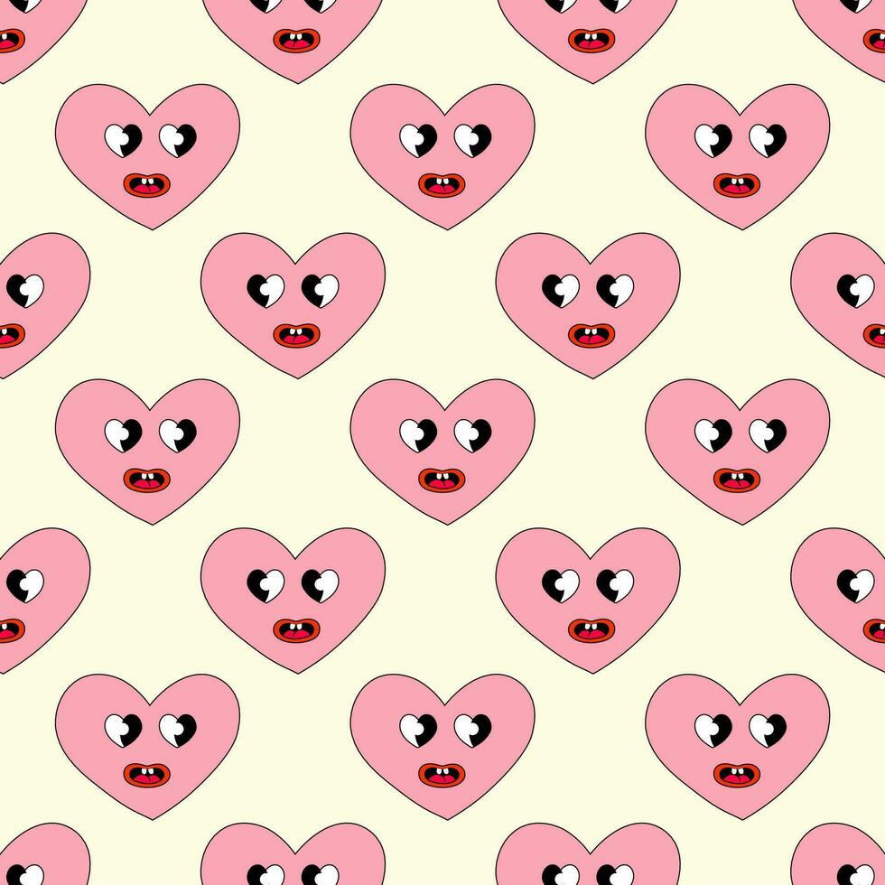 sömlös mönster med hjärta rosa leende karaktär för valentine dag. ögon i form hjärta. maskot i häftig och y2k stil. vektor tecknad serie illustration.