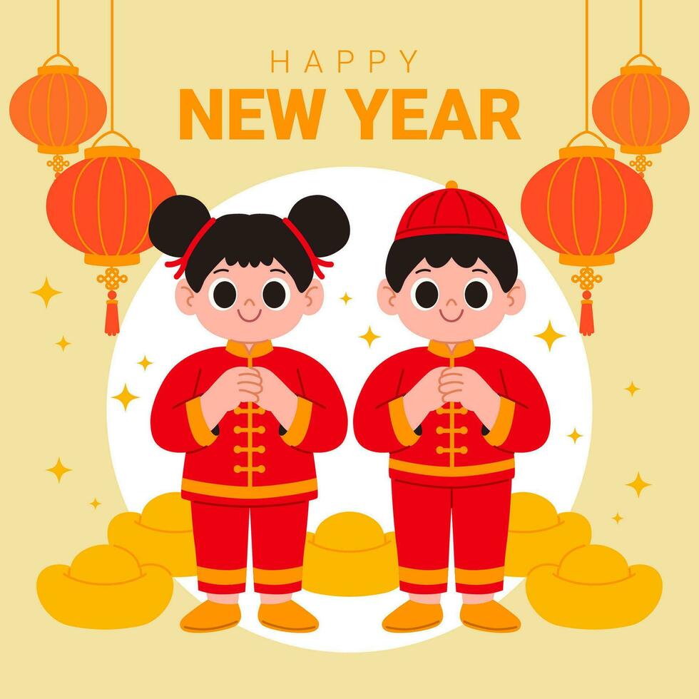 Chinesisch Neu Jahr Junge und Mädchen Gruß vektor