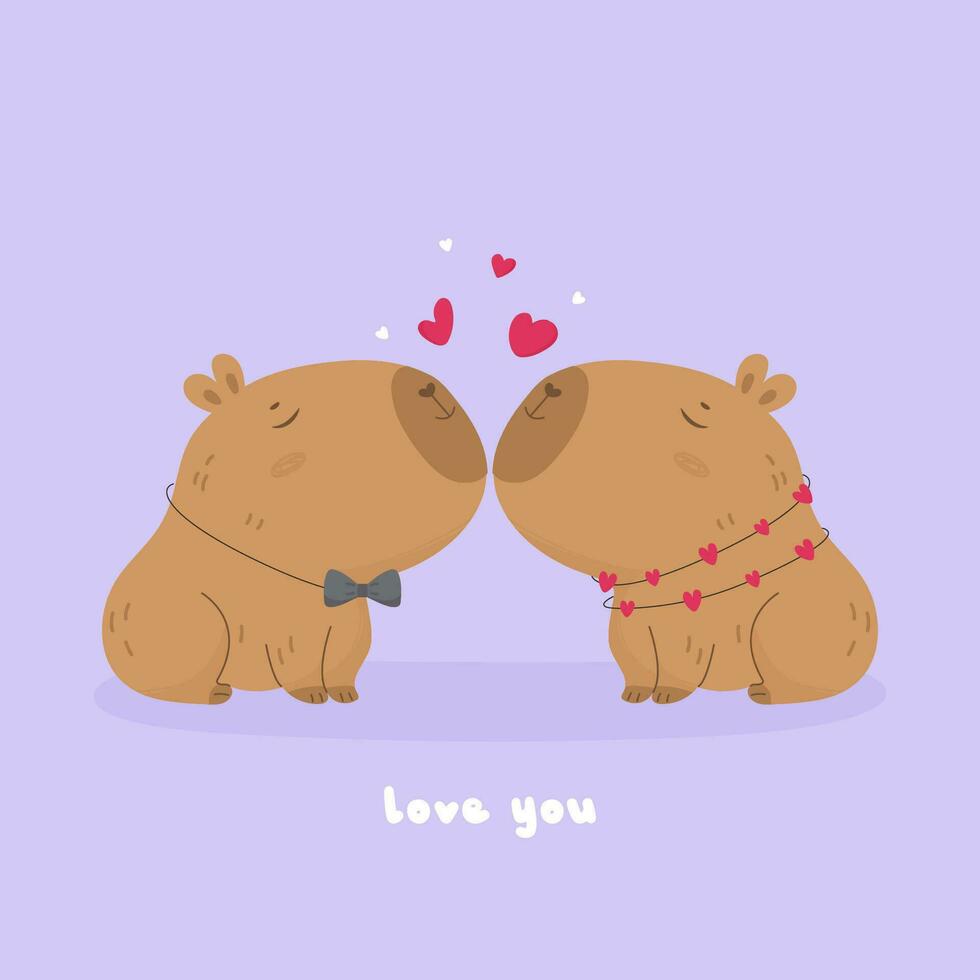 valentines dag kort med capybara par i kärlek vektor