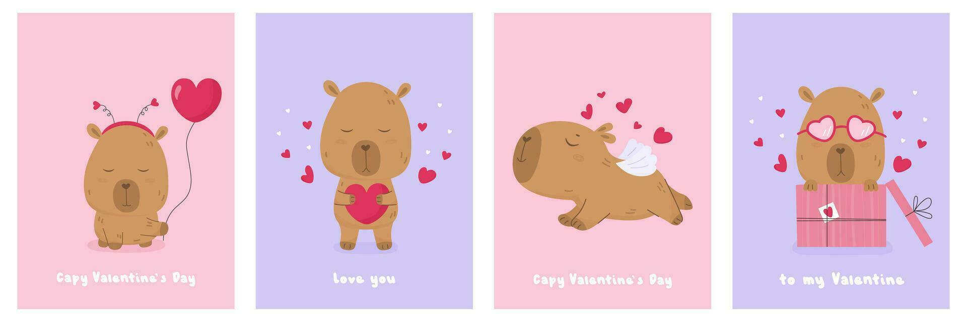 valentine dag kort uppsättning med söt härlig capybara vektor