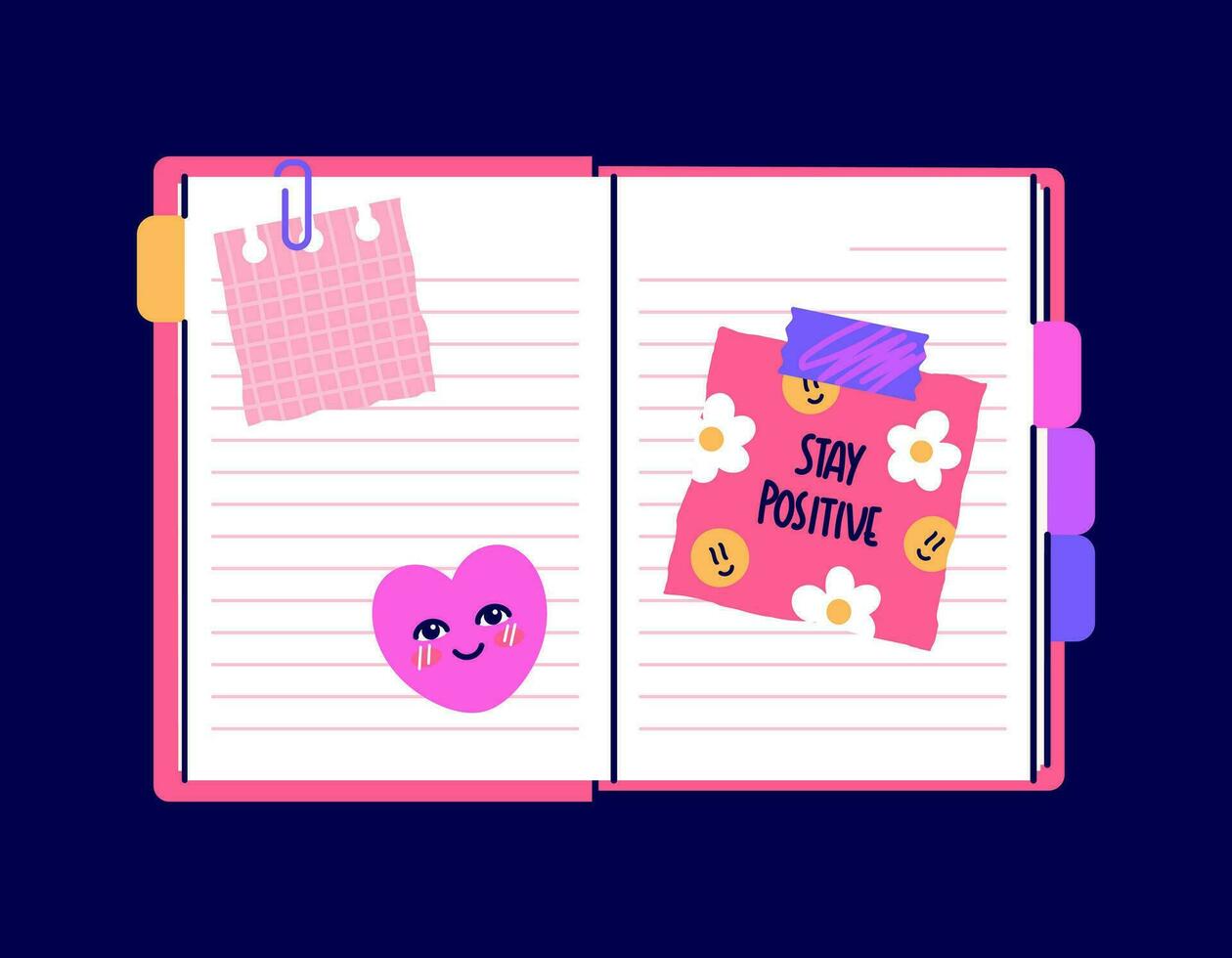 öppen dagbok, tom anteckningsbok. söt rosa anteckningsblock. topp se av en dagbok på de skrivbord. arbetsbok för skola, planerare, personlig arrangör. isolerat platt vektor illustration