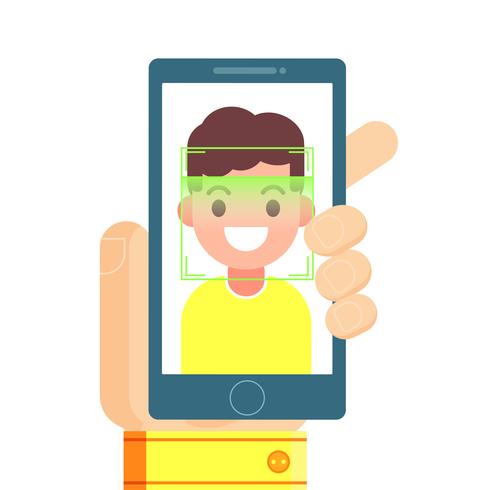 Gesichtserkennung und mobile Identifikation. Youngman, der ihren Smartphone oder APP entriegelt. flache Darstellung vektor