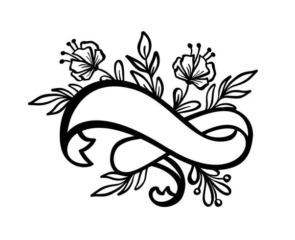 Fahnenweinleserahmen mit Band und Platz für den Text mit tropischen Blumen und Blättern auf weißem Hintergrund, Vektorillustration für Grußkarte oder Hochzeit, Feiertag, Tätowierung, Druck vektor