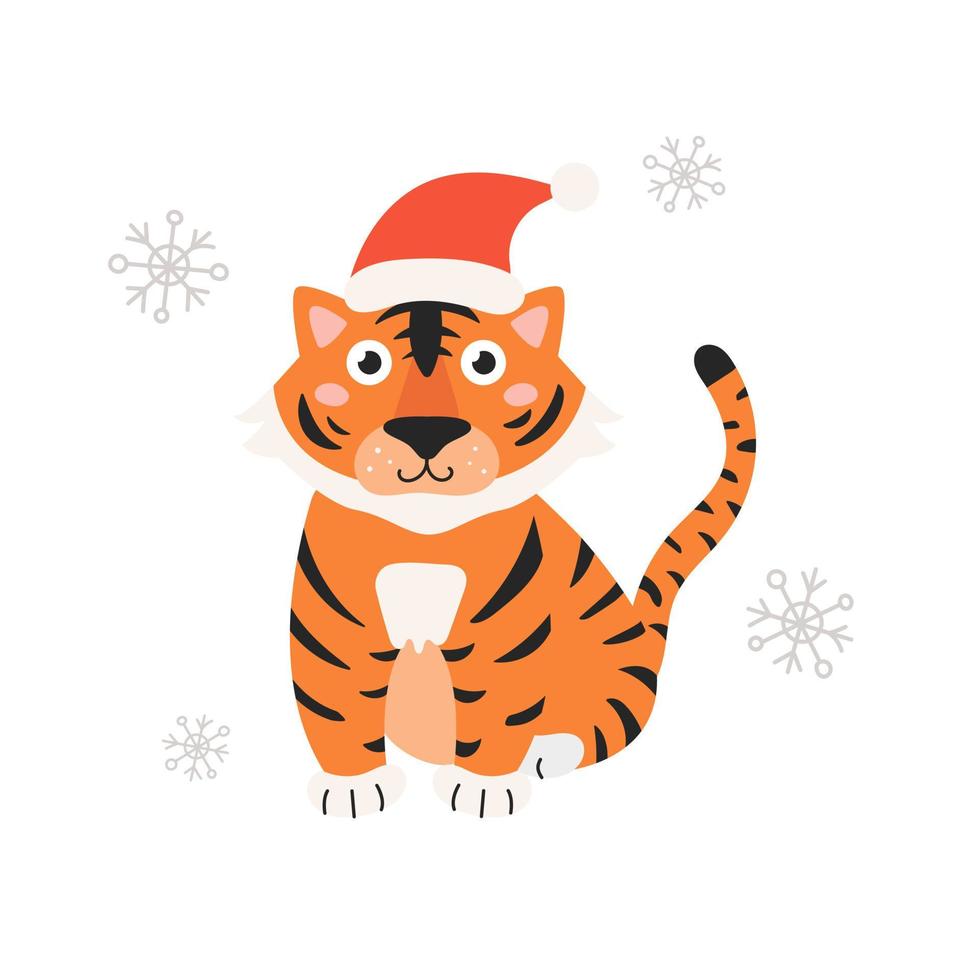 Symbol des Jahres ist Tiger in Weihnachtsmütze auf weißem Hintergrund mit Schneeflocken. Vektor-Illustration im flachen Cartoon-Stil vektor