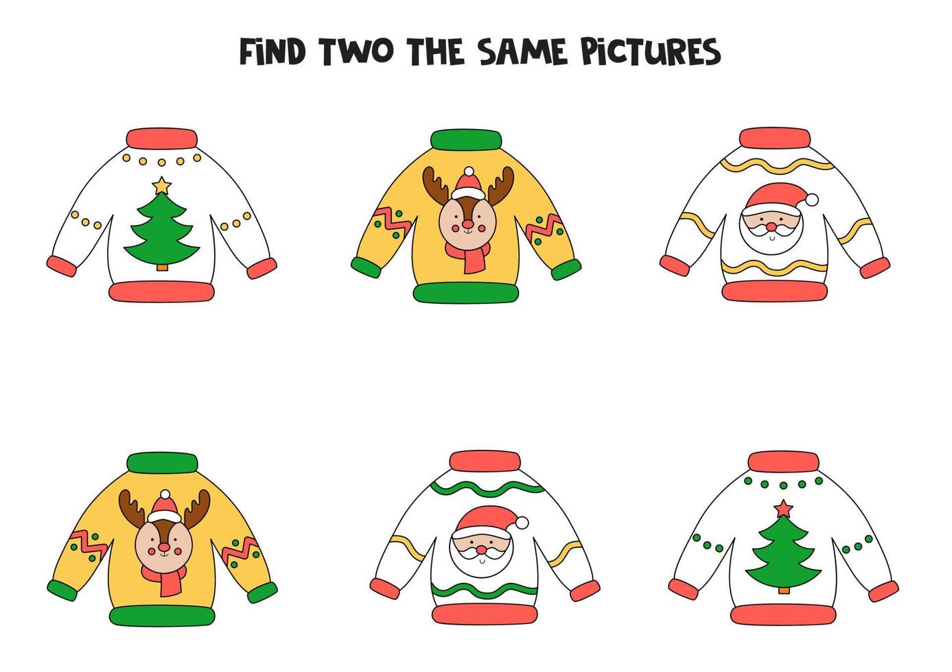 hitta två identiska jultröjor. pedagogiskt spel för förskolebarn. vektor