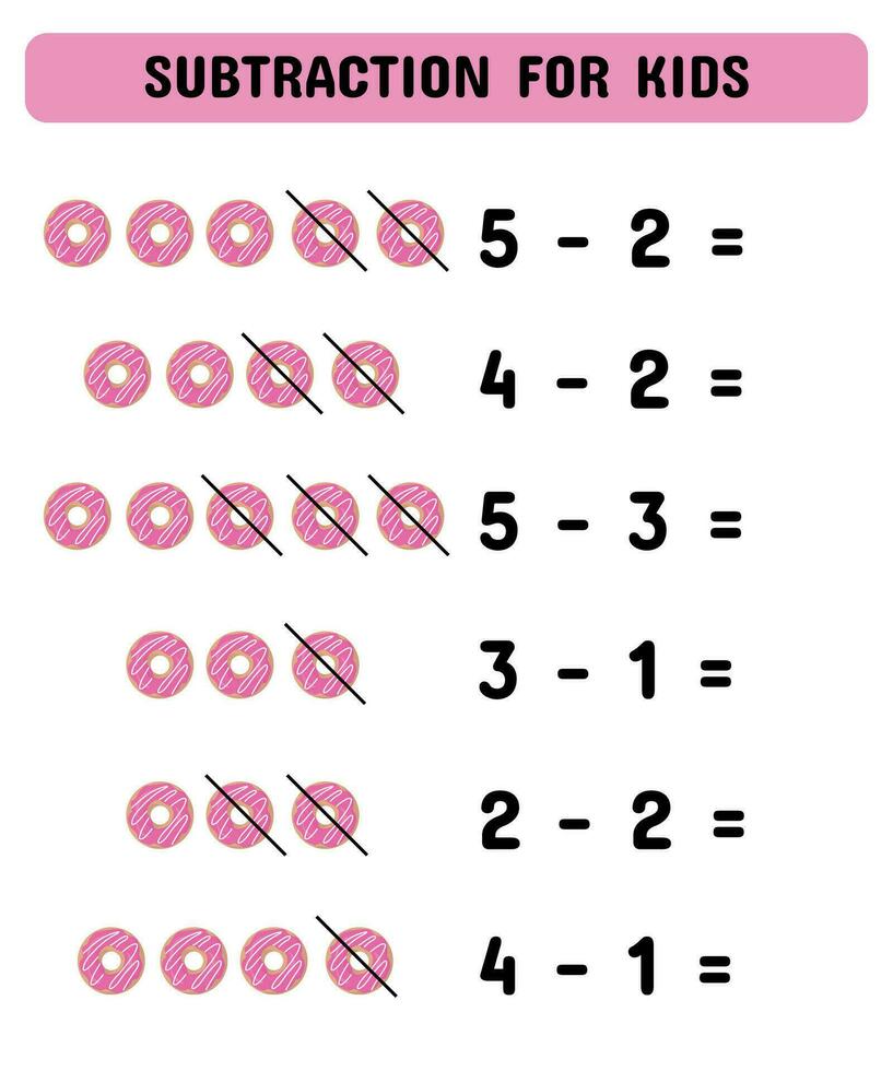 Subtraktion zum Kinder mit Donuts. lehrreich Mathematik Spiel zum Kinder im Vorschulalter Kindergarten.Vektor Illustration. vektor