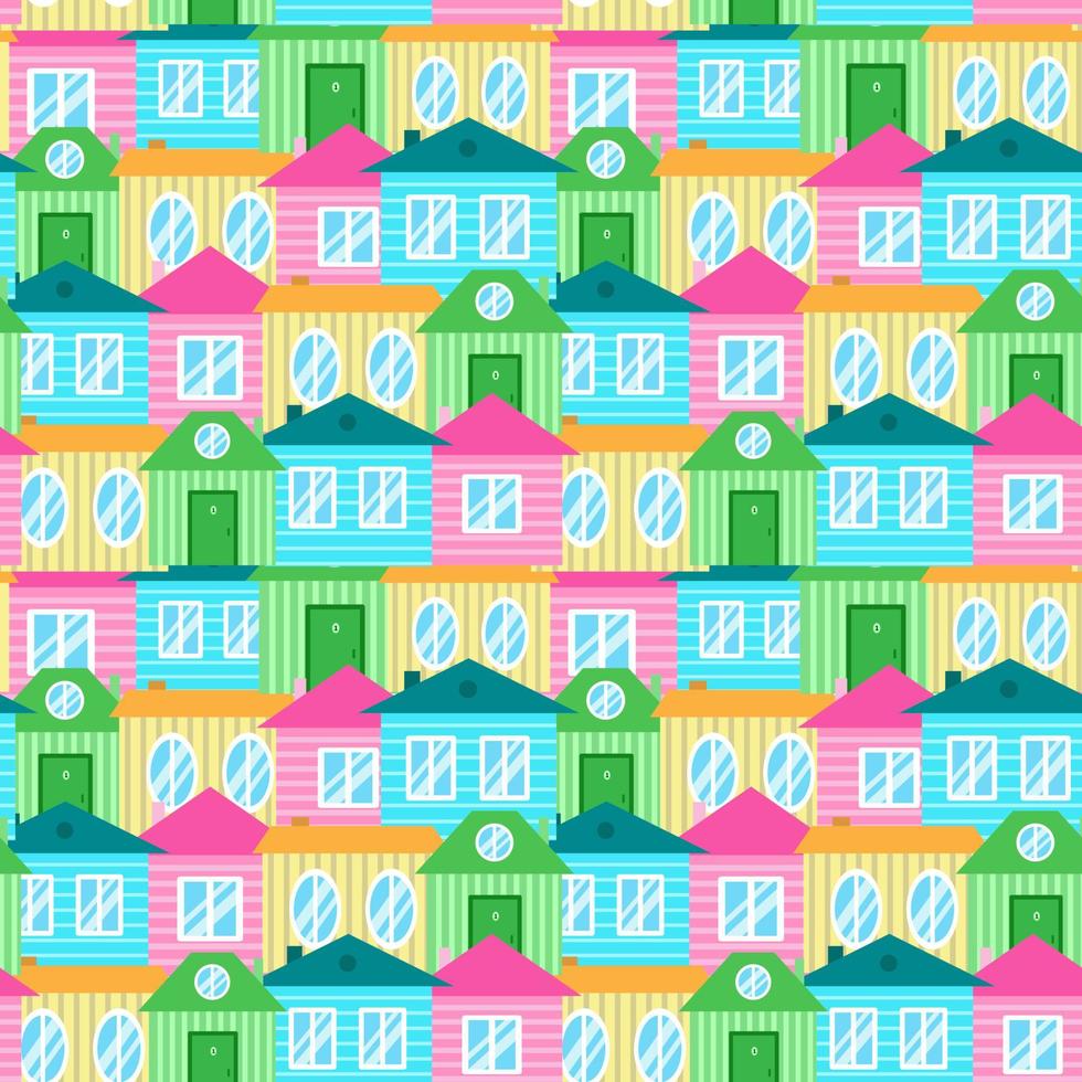 nahtloses Muster mit bunten Cartoon-Häusern. süße Illustration in Pastelltönen. Druck für Textilien, Interieur, Geschenkpapier, Design und Dekor vektor