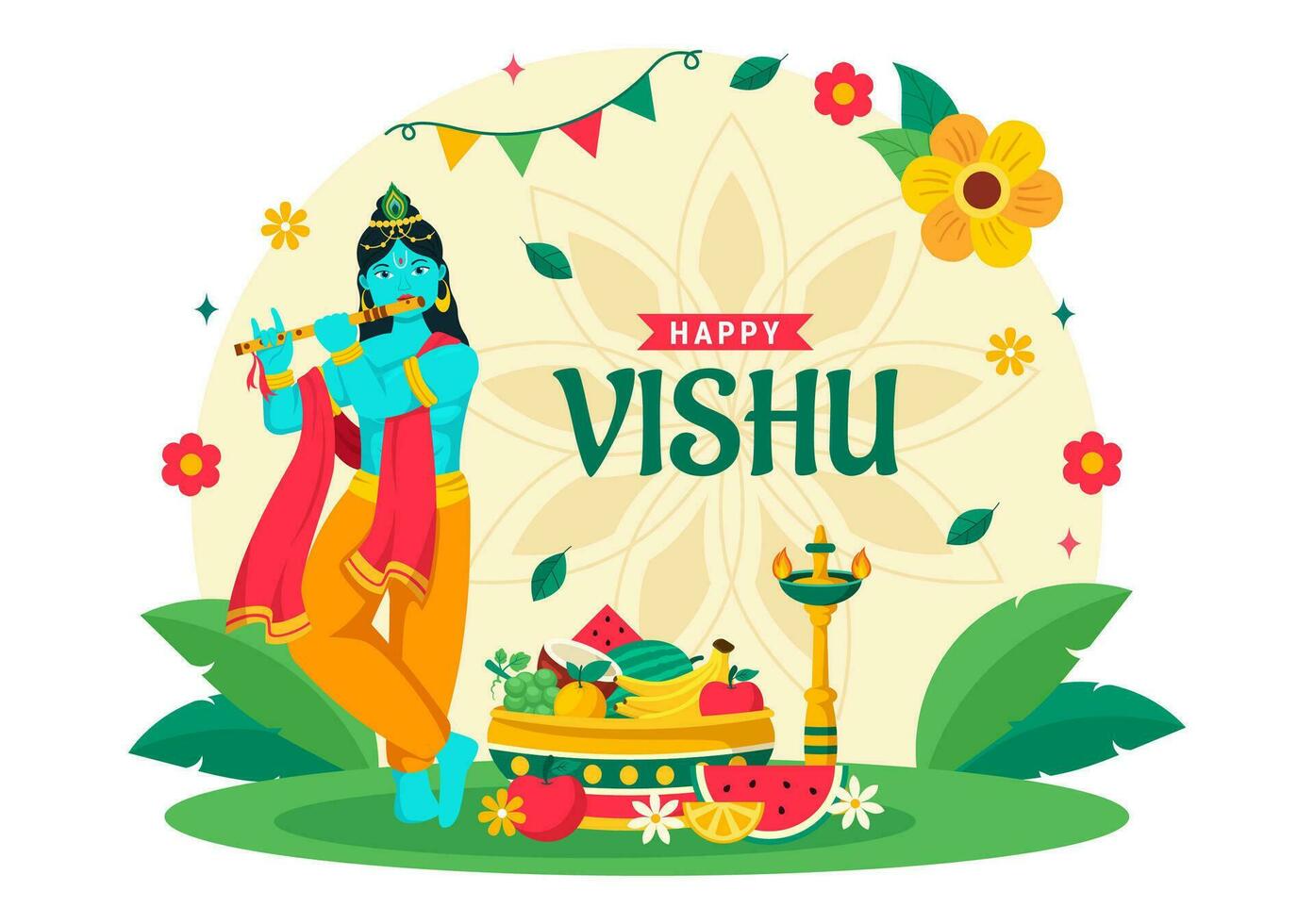 Lycklig vishu festival vektor illustration med krishna, traditionell kerala kani, frukt och grönsaker i nationell Semester platt tecknad serie bakgrund