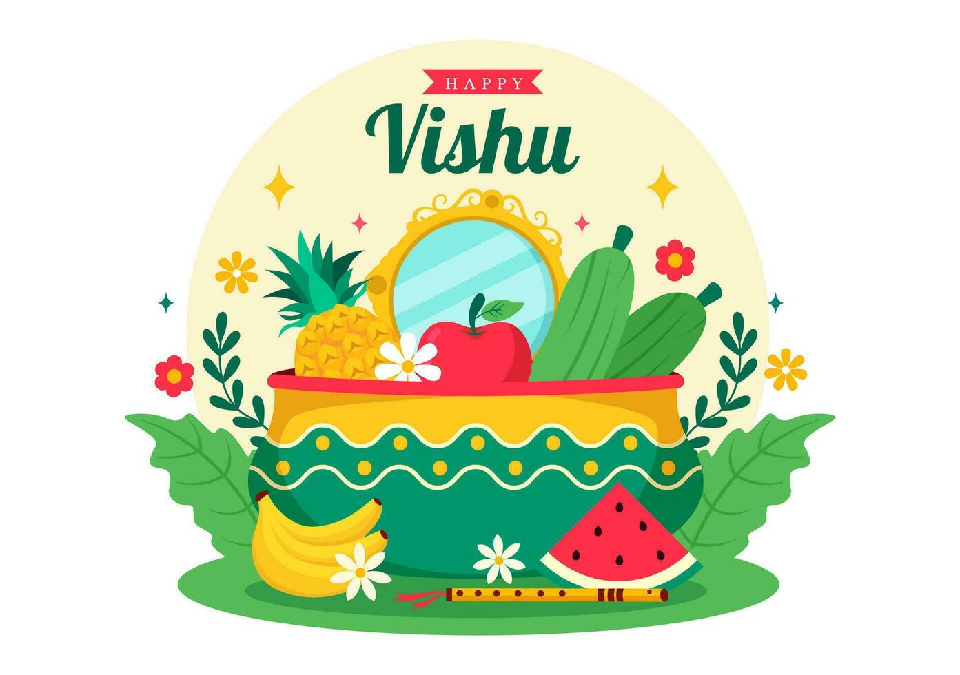 glücklich Vishu Festival Vektor Illustration mit Krishna, traditionell Kerala Kani, Früchte und Gemüse im National Urlaub eben Karikatur Hintergrund