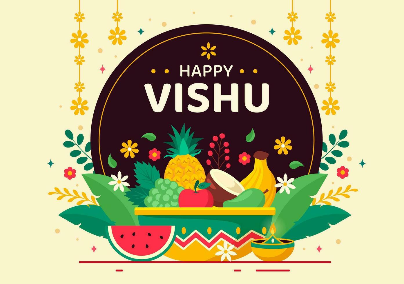Lycklig vishu festival vektor illustration med krishna, traditionell kerala kani, frukt och grönsaker i nationell Semester platt tecknad serie bakgrund