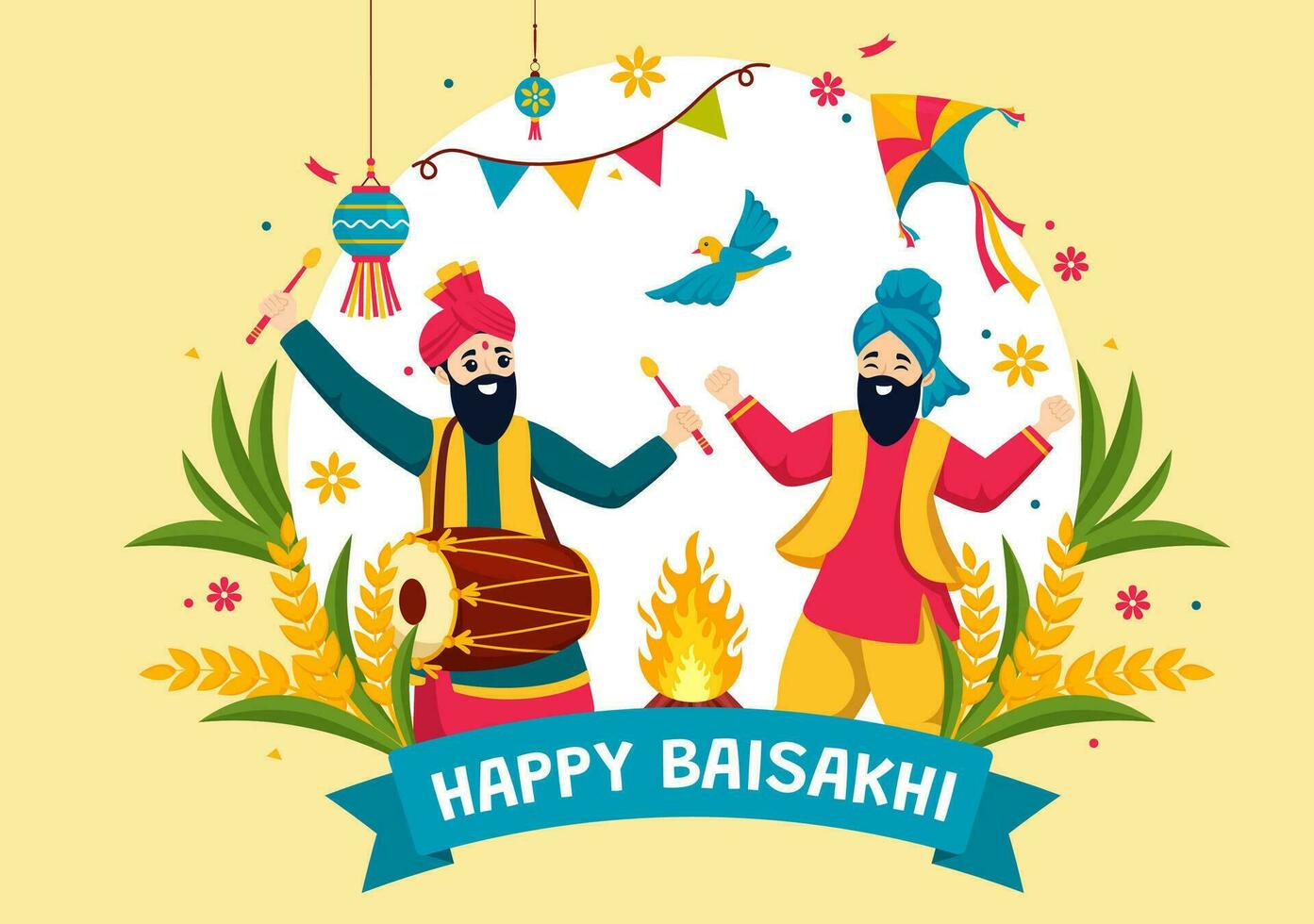 Lycklig Baisakhi vektor illustration av vaisakhi punjabi vår skörda festival av sikh firande med trumma och drake i Semester tecknad serie bakgrund
