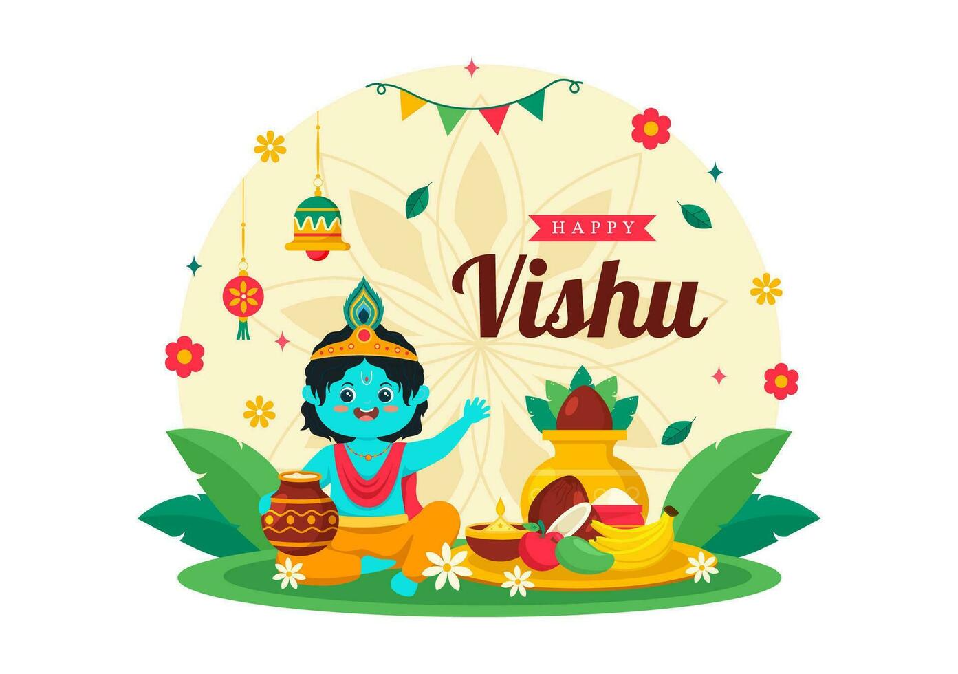 Lycklig vishu festival vektor illustration med krishna, traditionell kerala kani, frukt och grönsaker i nationell Semester platt tecknad serie bakgrund